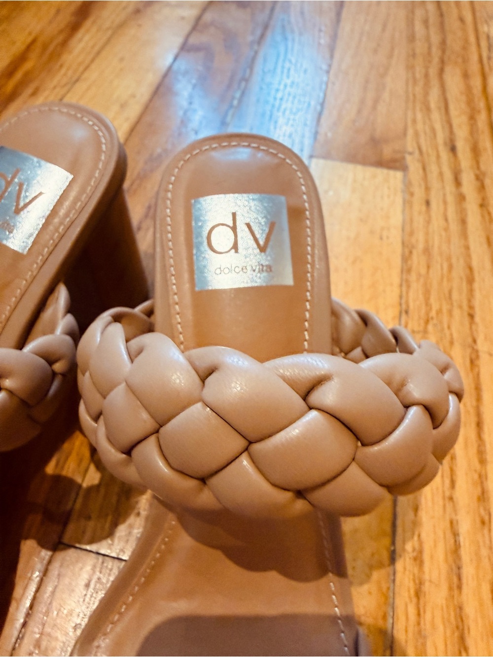 DV by Dolce Vita Braided Double-Strap Slide Sandals Heels in Tan Beige or Nude - Picture 5 of 6